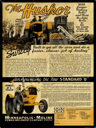 1938 Minneapolis Moline Tractors Metal Sign: Standard U Tractor & Husker
