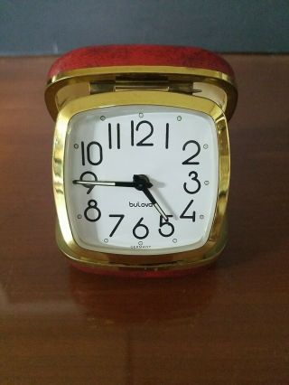 Vintage Bulova Wind Up Travel Alarm Clock Red Leather Case Germany