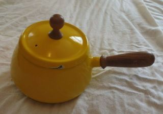 Vintage Yellow Enameled Styson Fondue Pot W/ Lid & Wood Handle Retro