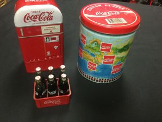 Coca Cola Items Mini Bottles,  World Puzzle,  Small Tin Coke Box.  Memorabilia
