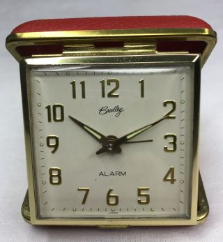 Vintage Bradley Wind - Up Folding Travel Alarm Clock Red Case Made In Japan