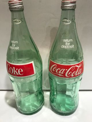 Large 32 Oz Vintage Coca - Cola Coke Green Glass Bottle - (2) With Caps