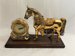 Vintage Western Equine Horse And Clock On Wood Base,  Mantle Desk Shelf Americana
