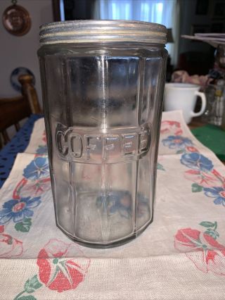 Vintage Antique Glass Hoosier Cabinet Jar Canister Lid Coffee Kitchen Embossed