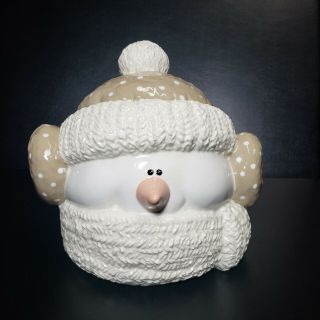 Snowman Head Cookie Jar With Hat Scarf Ear Muffs Vintage