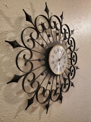Vintage Welby Mid Century Modern Black Wrought Iron Atomic Starburst Wall Clock 2