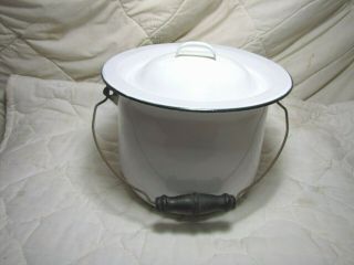 Vintage Antique White Enamel Cooking Pot With Lid And Wooden Handle