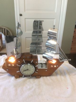 Vintage United Clock Corp.  Wood & Chrome Old Sailing Ship Mantel Clock