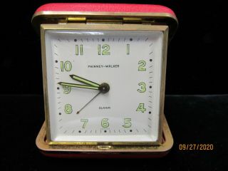 Vintage Phinney - Walker Travel Alarm Clock W/red Leather Case (22115 - B6 - S)