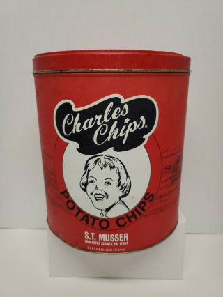 Red 1990 Vintage Charles Potato Chips Tin Can,  S.  T.  Musser 9.  5 Inches Tall