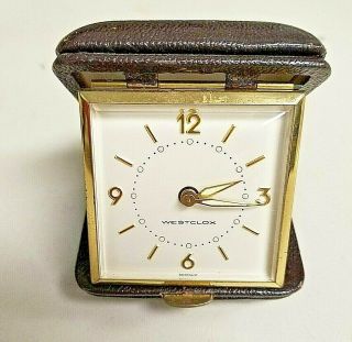 Vintage Westclox Travel Alarm Clock In Brown Leather Case - Vintage -