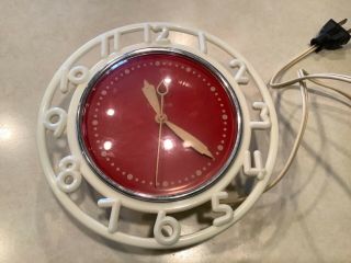 VINTAGE MID - CENTURY TELECHRON RED & WHITE KITCHEN WALL CLOCK MODEL 2H21 2