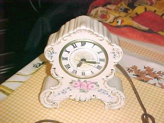 Vintage LANSHIRE Mantle Shelf Clock Hand painted Porcelain pink/blue flowers 2