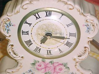 Vintage LANSHIRE Mantle Shelf Clock Hand painted Porcelain pink/blue flowers 3