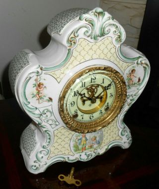 Antique Ansonia Open Escapement Porcelain Key Wind Chime Mantle Clock