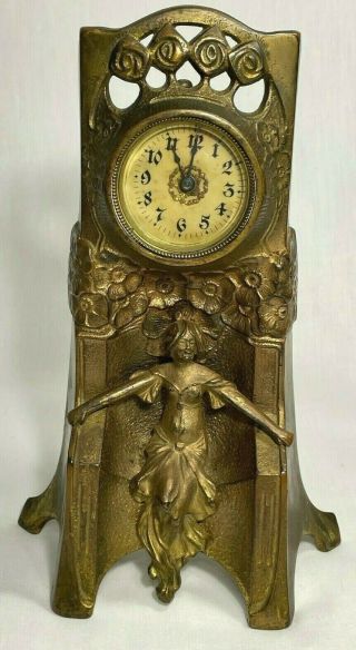 Antique 1908 Art Nouveau Bronzed Lady Mantel Clock - Nonworking