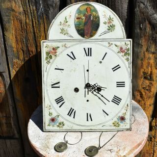 Antique Hand Painted Grandfather Clock Face Shelf Battery Mechanism