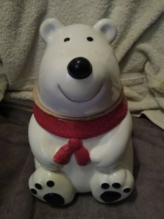 Rare Polar Bear Cookie Jar White W/ Red Scarf Cute Collectible Out Of Box