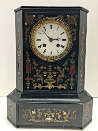 Antique 1860 French Leroy Paris Ebonised Wood Mantle Clock W Inlay Enamel Face
