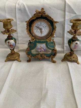 18th Century French Bronze & Porcelain Miniature Clock Set