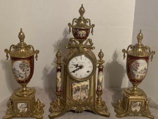 Imperial 3 Piece Bronzed & Porcelain Garniture Set Mantle Clock