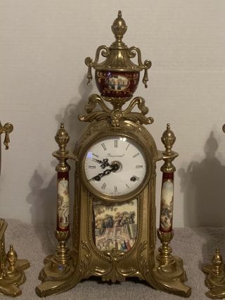 Imperial 3 Piece Bronzed & Porcelain Garniture Set Mantle Clock 2