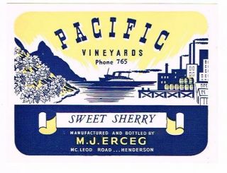 1940s Zealand Henderson J M Erceg Pacific Vineyards Sweet Sherry Label