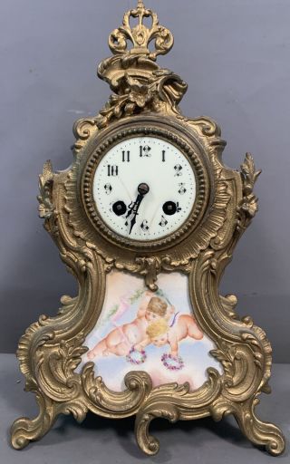 Ca.  1900 Antique Art Nouveau Era French Style Porcelain Putti Panel Mantel Clock