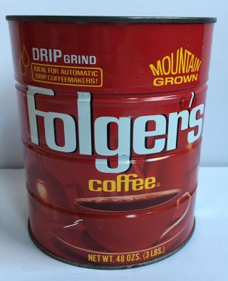 Vintage Folgers Coffee Can 3 Lbs Large Drip Grind Red Mountain Grown No Lid