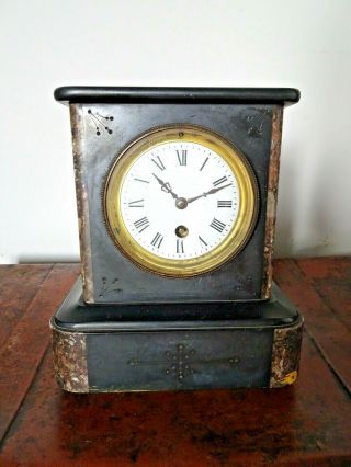 Antique 19th Century Victorian Black Slate Mantel Clock With Marble Detail (key)