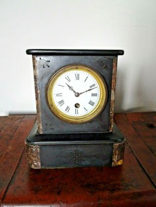 Antique 19th Century Victorian Black Slate Mantel Clock with Marble Detail (Key) 2
