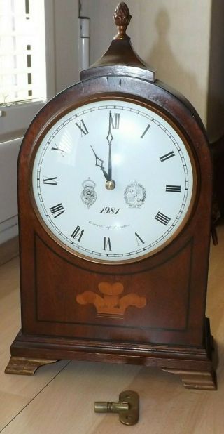 Mahogany & Brass Comitti Of London Bracket Clock With Key Acorn & Lion Fixtures