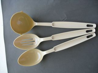 Vintage Set Of 3 Ekco Utensils Nylon Beige Ladle,  Serving Spoon,  Slotted Serving