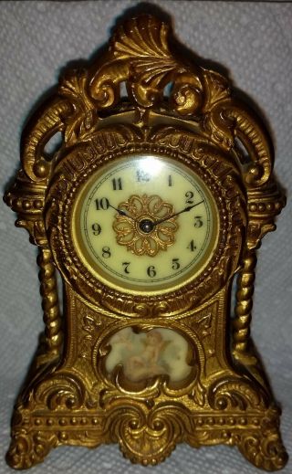 1891 Waterbury Miniature Ornate Gilt Bronze Shelf Clock Porcelain Dial Not Work