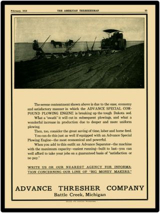 1910 Advance Steam Traction Engine Battle Creek Michigan Metal Sign