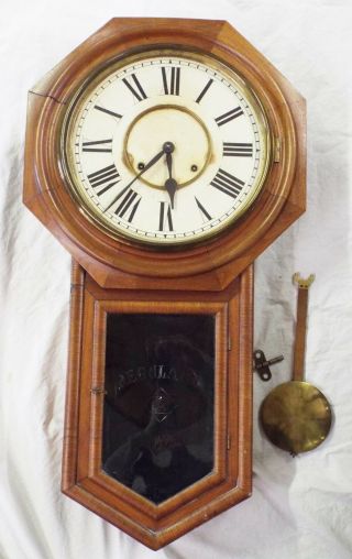 Old Antique Oak Ansonia Regulator School Wall Clock W/ Key & Pendulum Runs