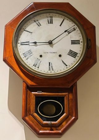 Antique 19th C.  Seth Thomas Chiming Cherry Octagon School Regulator Wall Clock