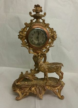 Antique Gilded Bronze Mantle Clock Louis Xv Style,  Rococo German Movement Deer