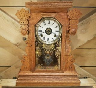 Antique E.  N.  Welch Oak Gingerbread Parlor Mantel Clock W/ Key Swanky Barn