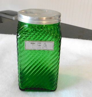 Vintage Green Ribbed Depression Glass Hoosier Tea Jar Canister Owens Illinois