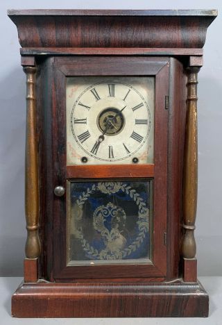 19thc Antique Victorian Ansonia Brass Co Wood Column Old Mantel Kitchen Clock