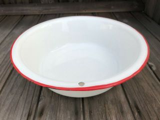 Enamel ღ White Red Trim 10 - 3/4” Round Basin Pan Bowl Tub W/ Hole ღ Enamelware
