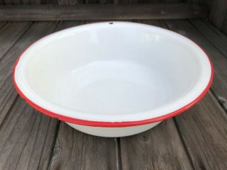 Enamel ღ White Red Trim 10 - 3/4” Round Basin Pan Bowl Tub w/ Hole ღ Enamelware 2