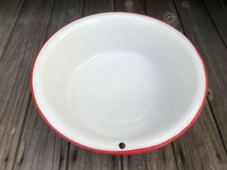 Enamel ღ White Red Trim 10 - 3/4” Round Basin Pan Bowl Tub w/ Hole ღ Enamelware 3