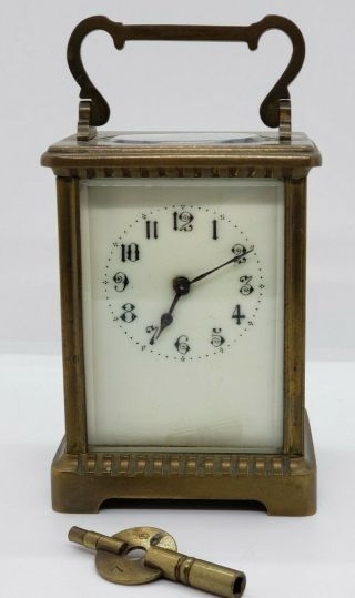 Antique French Victorian Brass & Beveled Glass Carriage Travel Clock