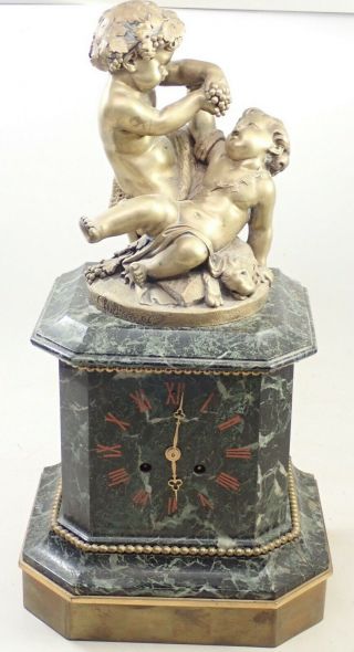 Antique E Delabroue Gilt Bronze & Marble Figural Statue French Mantel Clock