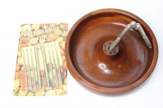 Vintage Wood Nut Bowl With Metal Nutcrackers And Picks