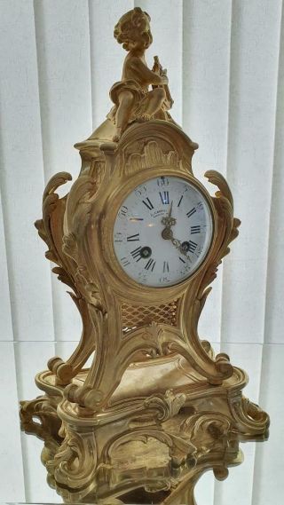 Antique French Mantle Clock Stunning 1880 ' s Rococo Embossed 8 day Gilt Bronze 4
