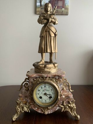 Antique Marble Bronze French Figural “ Joan Of Arc” Mantle Clock