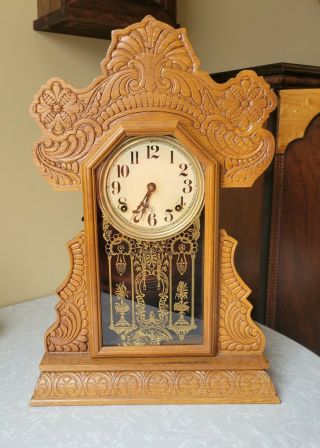 Antique " Ingraham " Oak Cabinet 8 - Day Gingerbread Mantel Clock